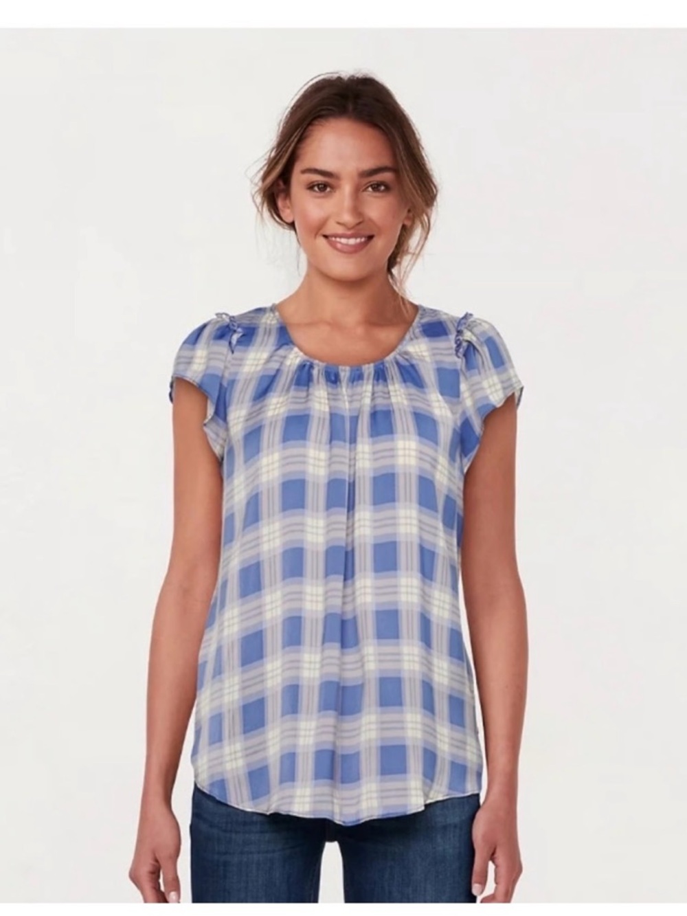 LC Lauren Conrad Blue Plaid Tie Back Blouse Sz L